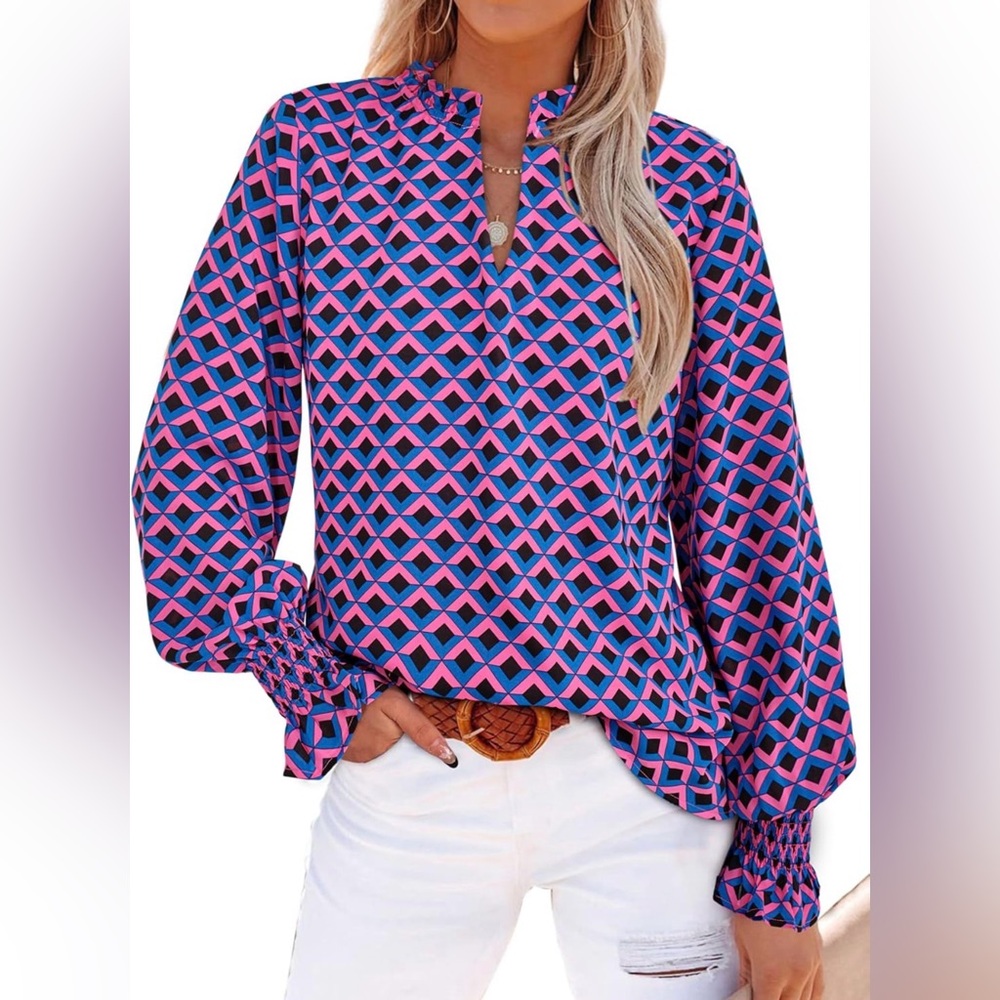 Boho Geo Print Long Sleeve Blouse | Smocked Cuffs | Spring Work, Casual Top